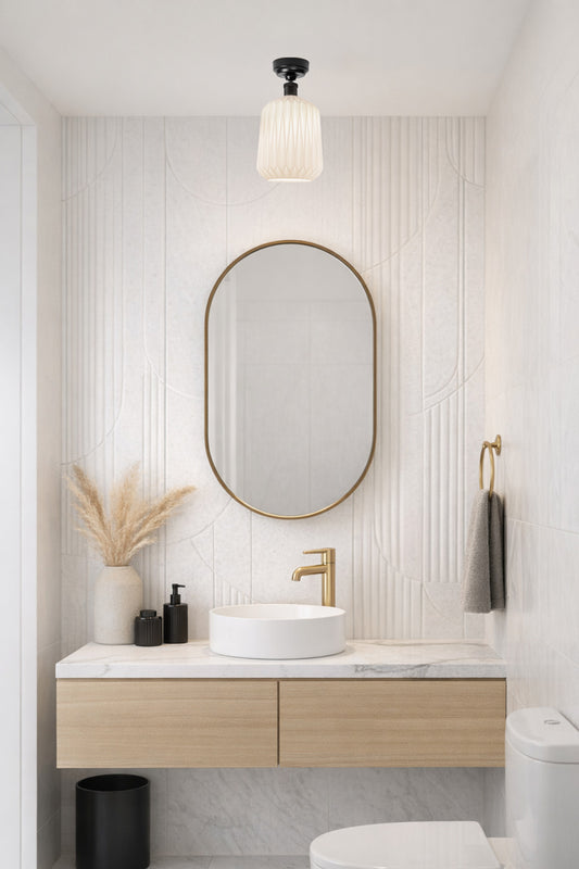 modern powderroom with flush mount in it