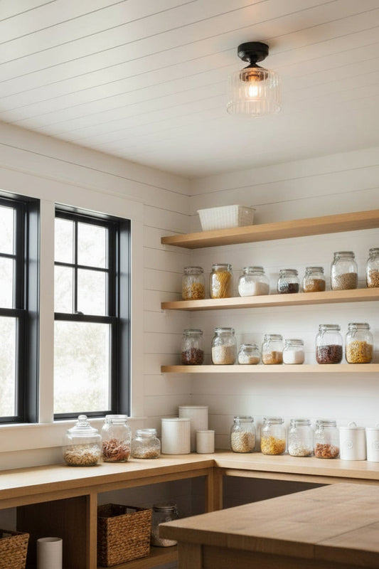 Black batten holder and gallery paired with a clear glass open shade with vintage detailing in a mordern farmhouse style walk in pantry