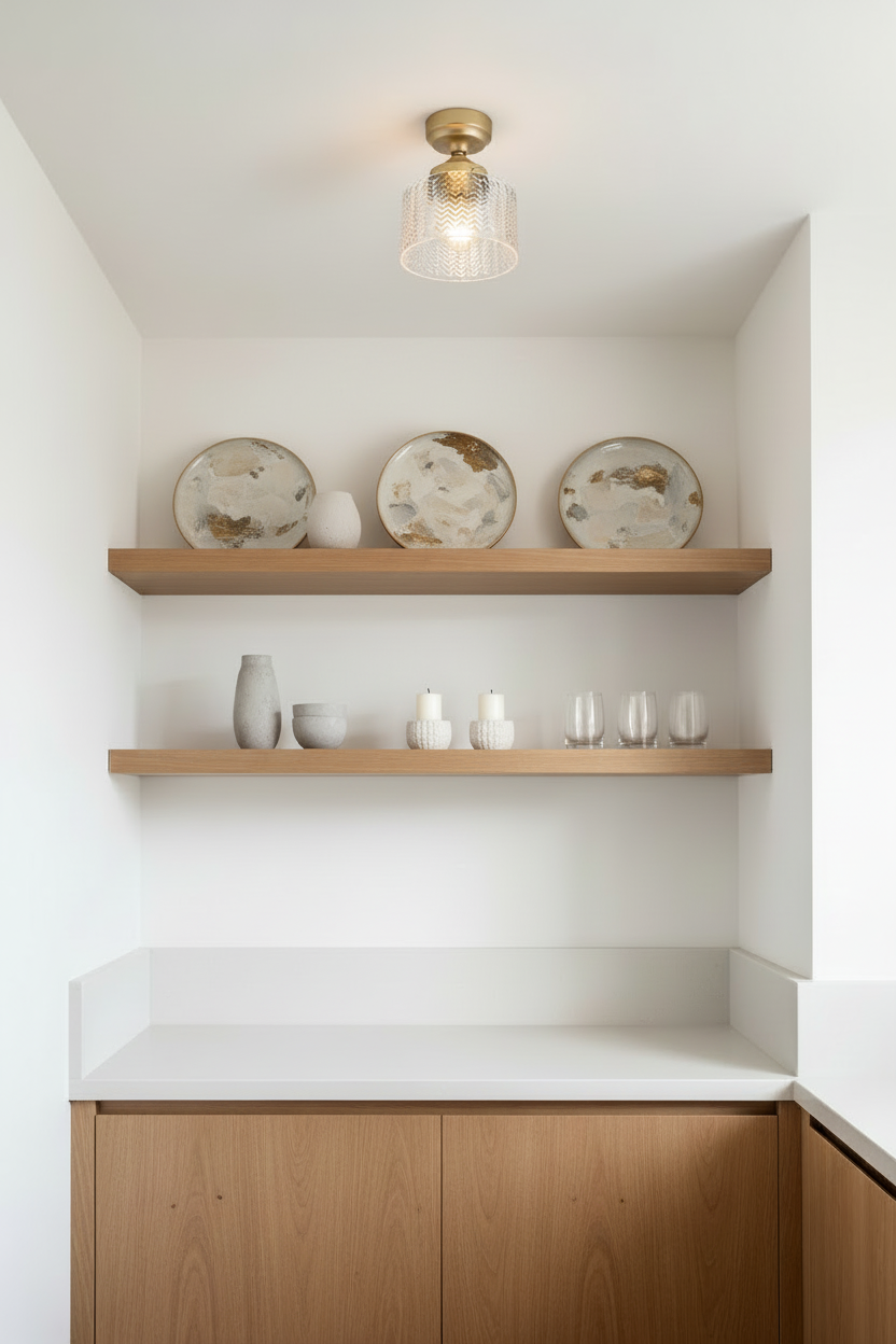 Gold flush mount light near shelf unit in a modern pantry. 