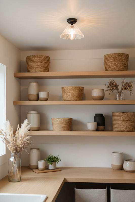 flush mount glass light in a pantry nook with low ceilings that blends Modern Organic and Scandi-Farmhouse aesthetics