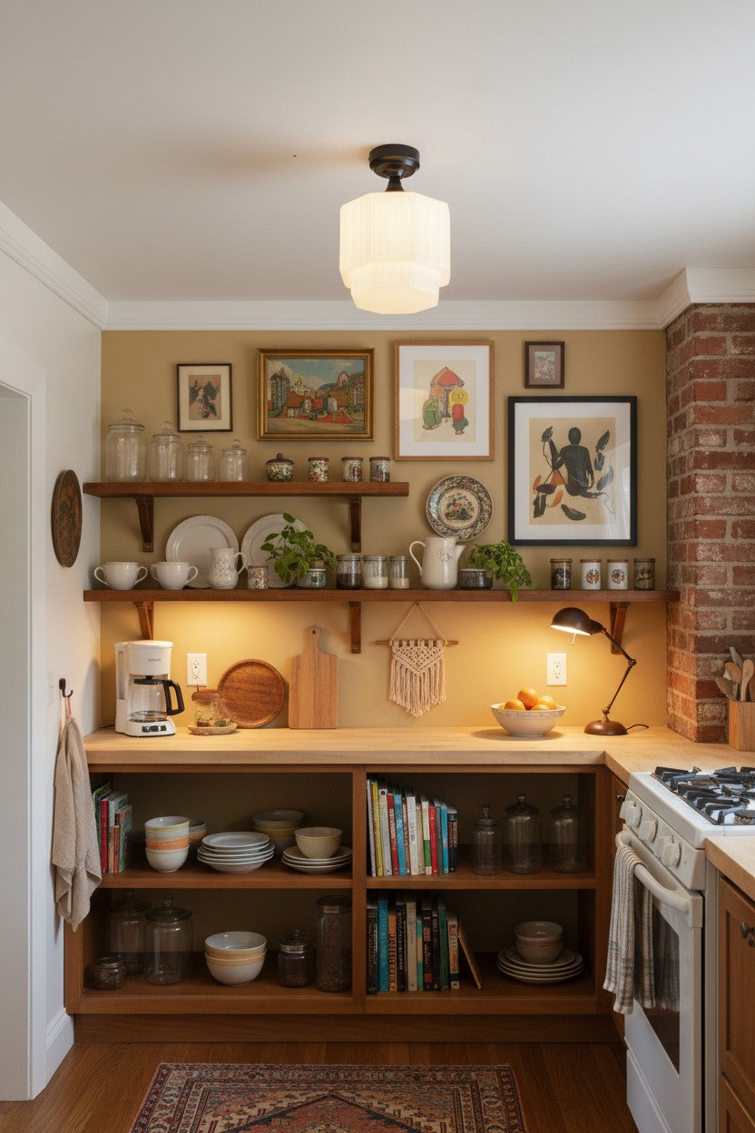 Deco glass flush mount in a nestled corner of a kitchen with wooden shelves, books, and decorative items.