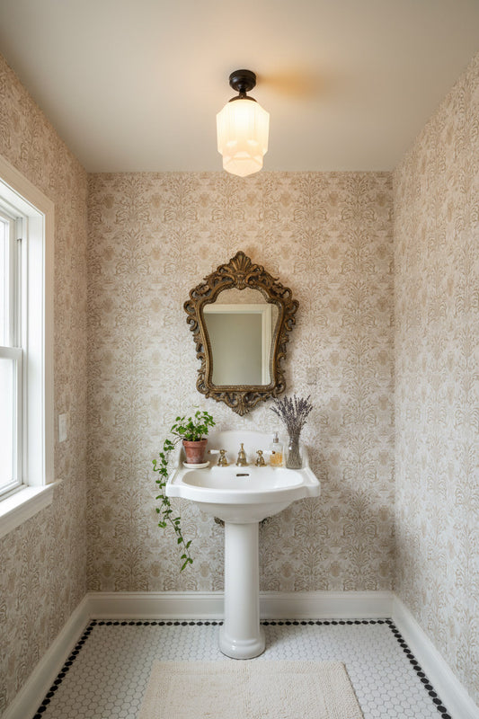 large flush mount in powder room with a vintage-style mirror above a pedestal sink