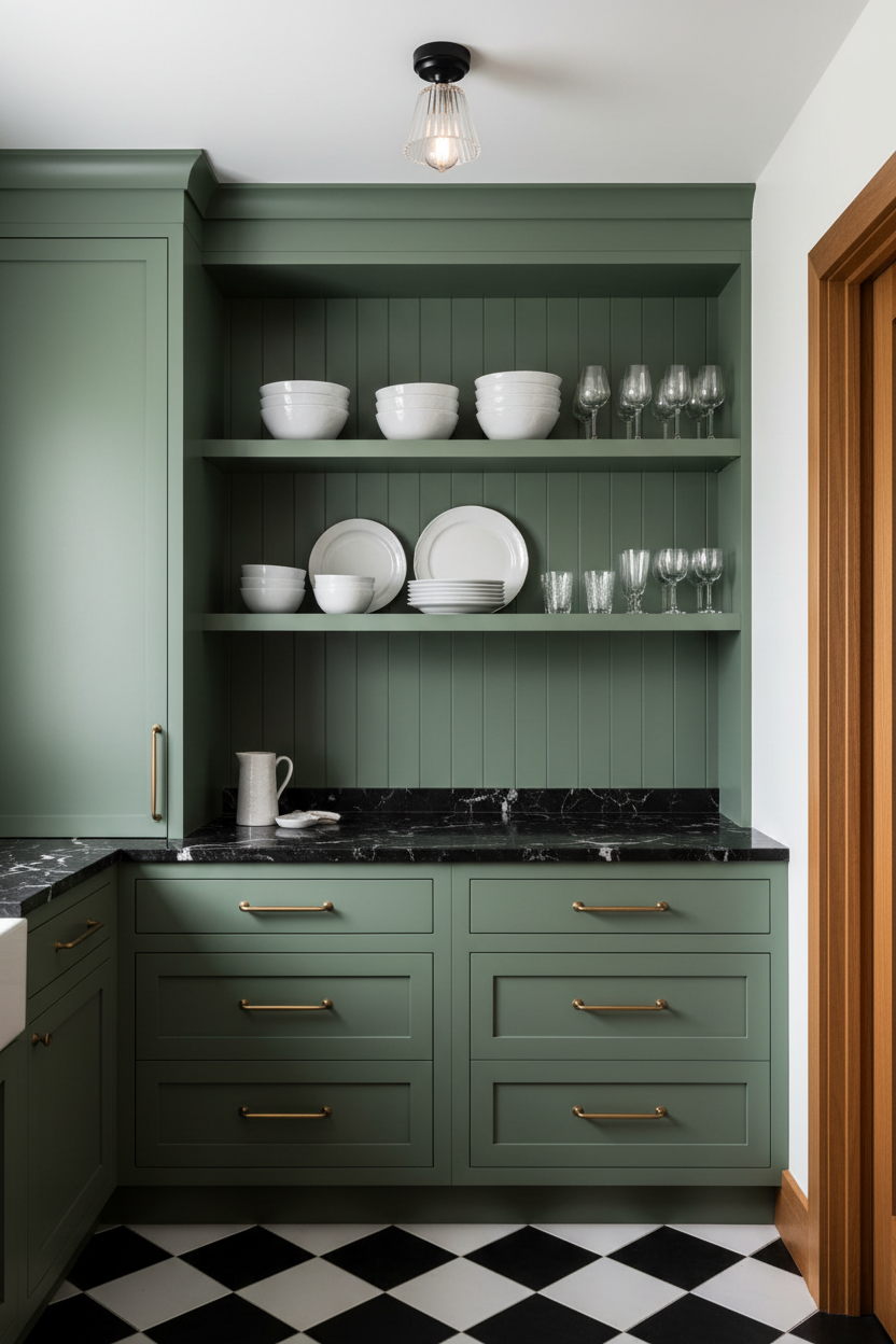 A buttlers kitchen with green cabinet and shelf. A black-and-white checkered floor is visible below. and black flush mount light with Davis shade