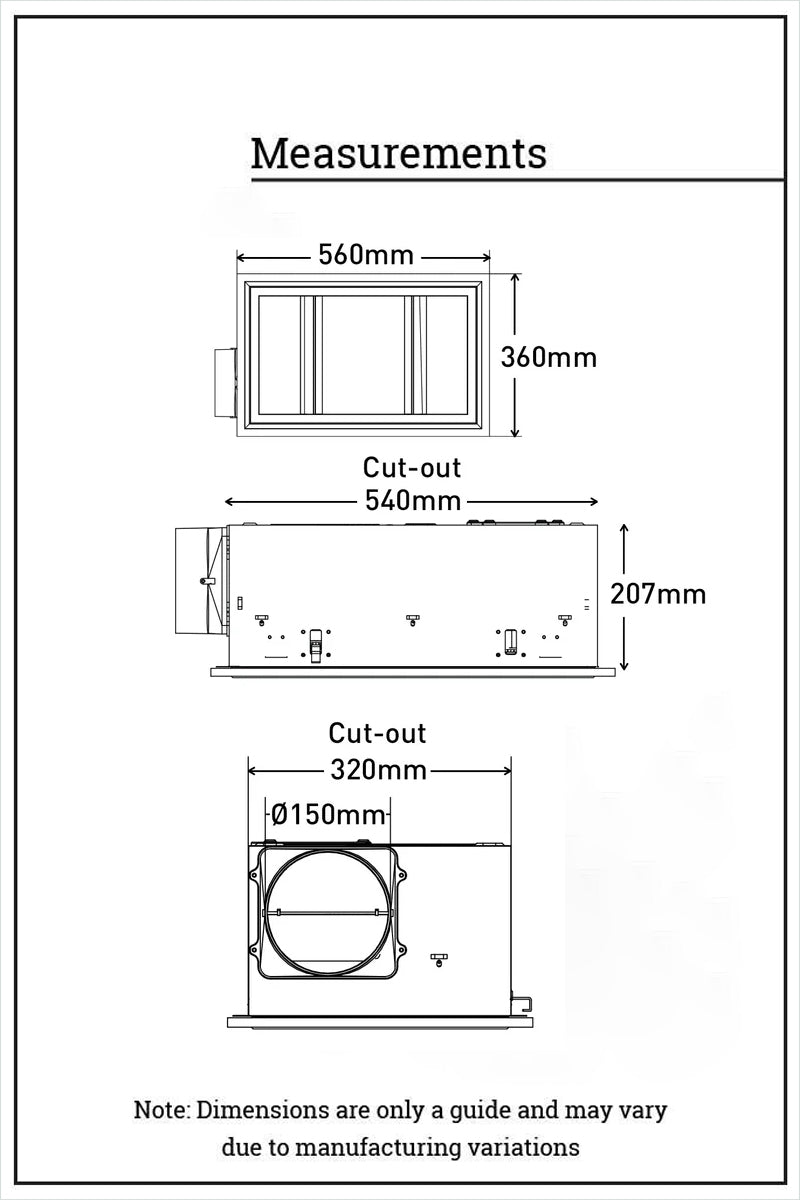 Dimension illustration of the 3-in-1 bathroom LED light, heater and fan.