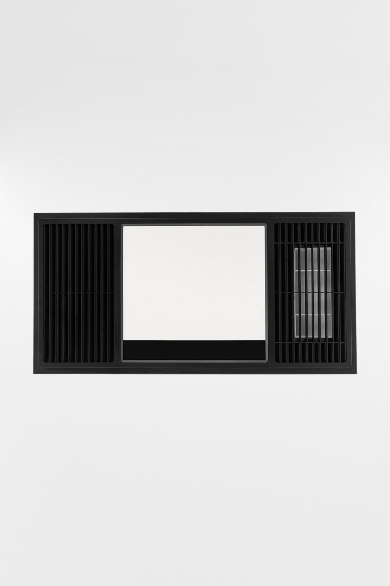 3-in-1 bathroom heater, LED light and exhaust fan with a black housing. 