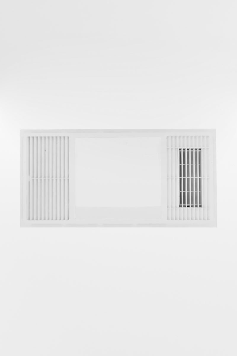 3-in-1 bathroom heater, LED light and exhaust fan with a white housing. 