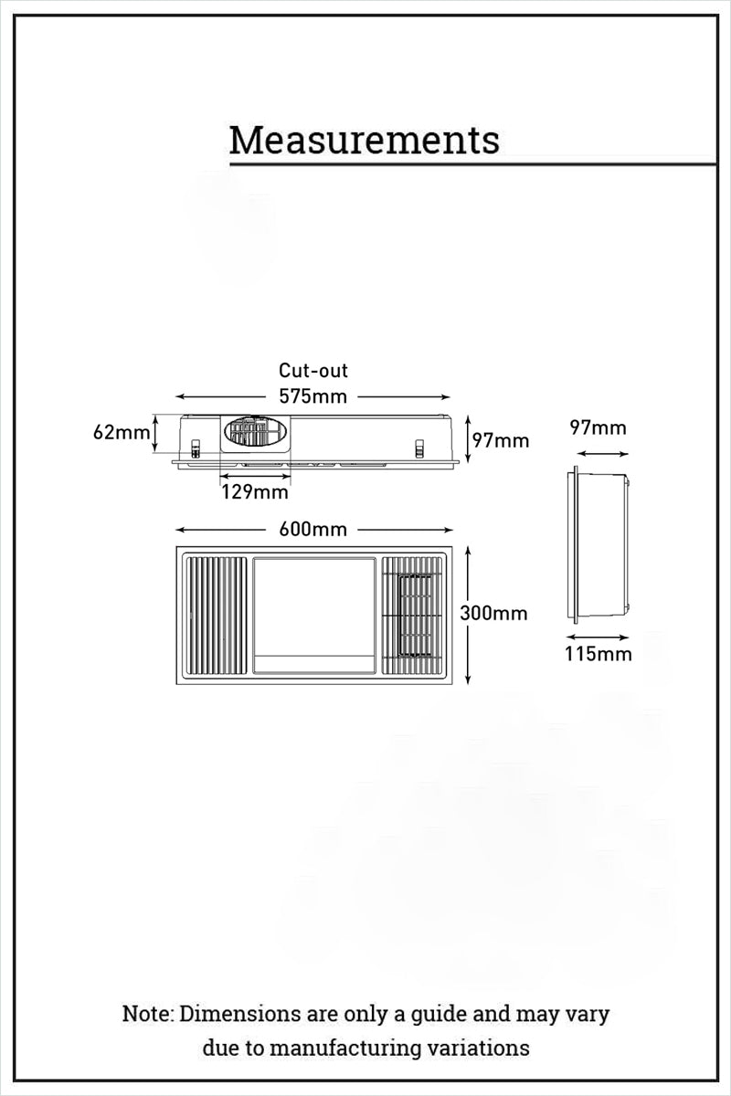 Dimension illustration of the 3-in-1 bathroom heater, light and echaust. 