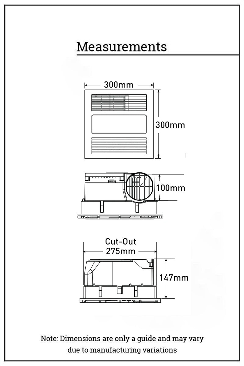 Dimension illustration of the 3-in-1 heater, ED light and exhaust fan