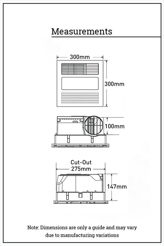Dimension illustration of the 3-in-1 heater, ED light and exhaust fan