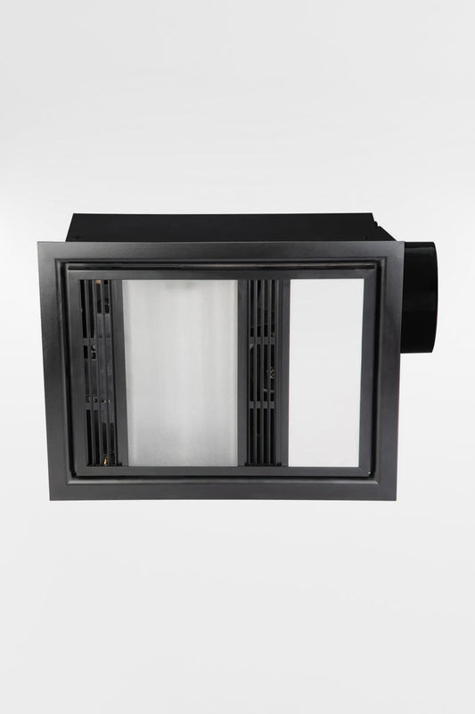 3-in-1 bathroom nit including LED light, ehaust fan and heater with a black metal casing. 