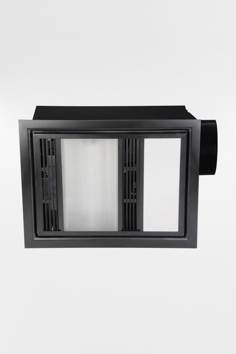 3-in-1 bathroom nit including LED light, ehaust fan and heater with a black metal casing. 