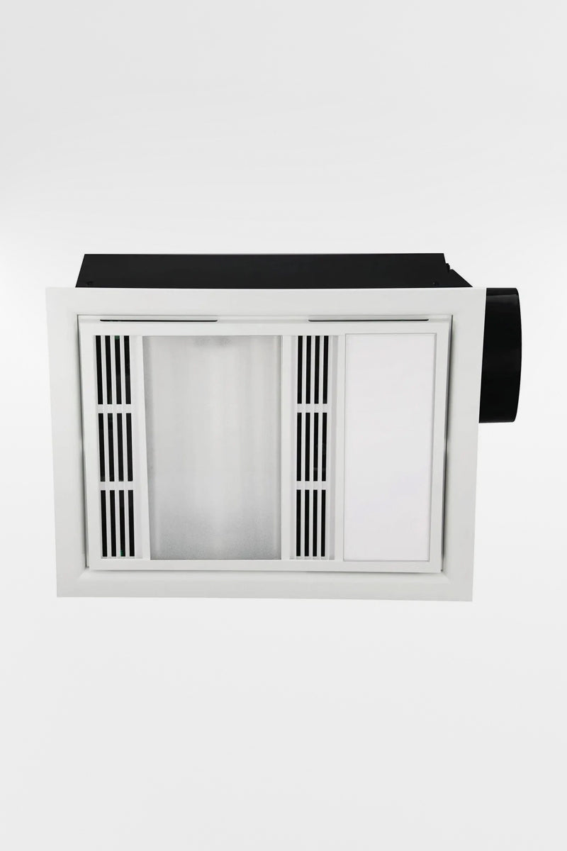 3-in-1 bathroom nit including LED light, ehaust fan and heater with a white metal casing. 