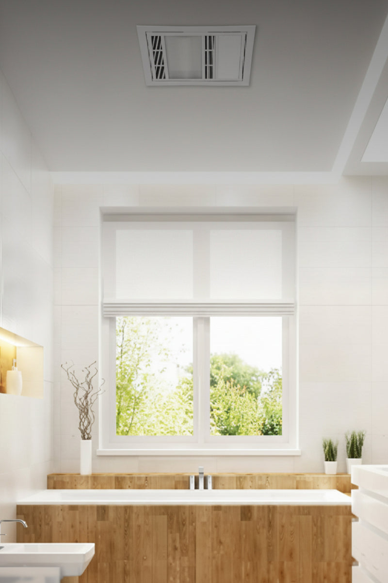 White 3 in 1 bathroom flush mount unit with an LED light, exhaust fan and powerful heater