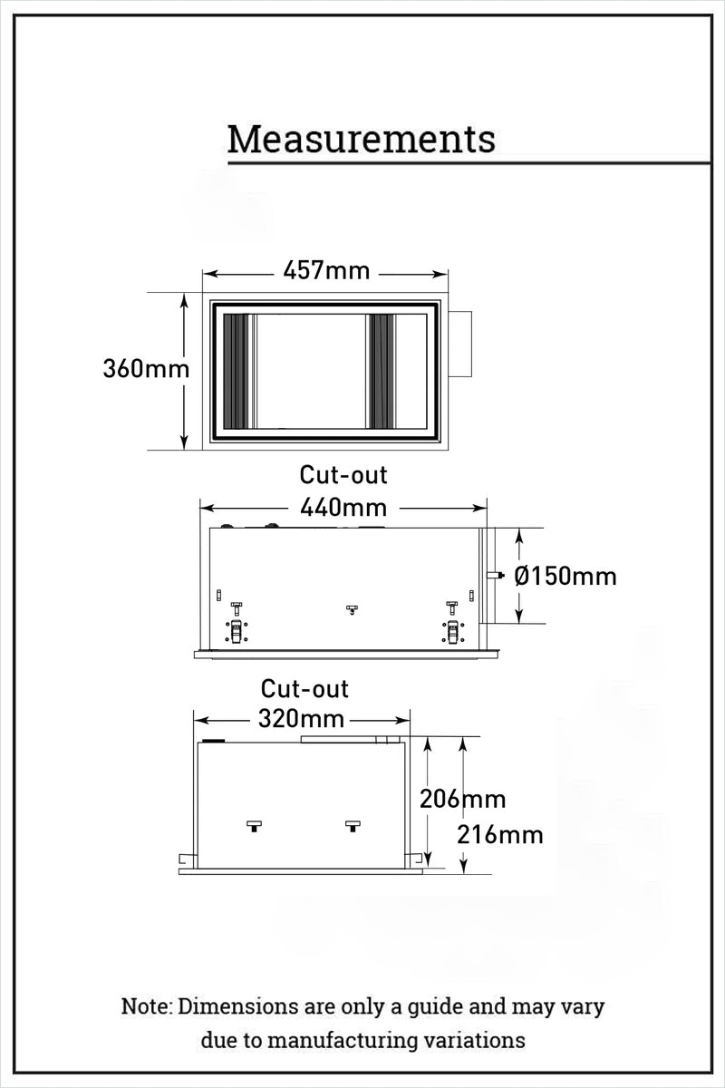 Dimension illustration of the 3-in-1 bathroom nit including LED light, ehaust fan and heater.