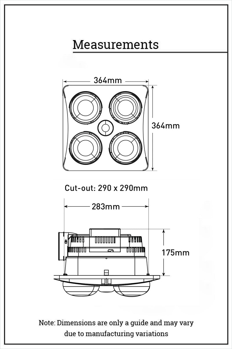 Measurements of the Ardene QUATTRO 3-in-1 Bathroom Heater with Exhaust Fan and Light