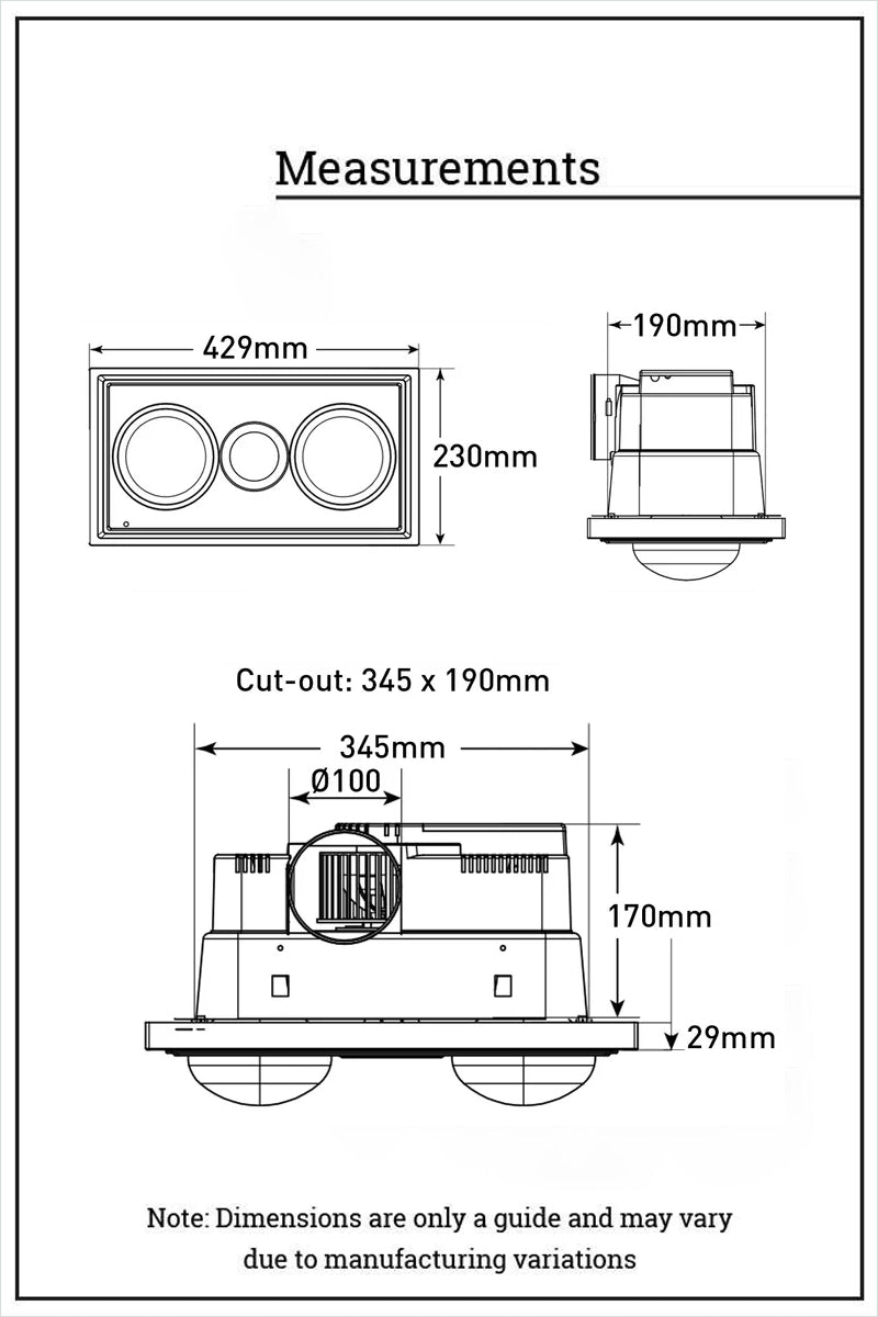 Measurement diagram of the Midas due 3-in-1 Bathroom Heater with Exhaust Fan and LED Light.