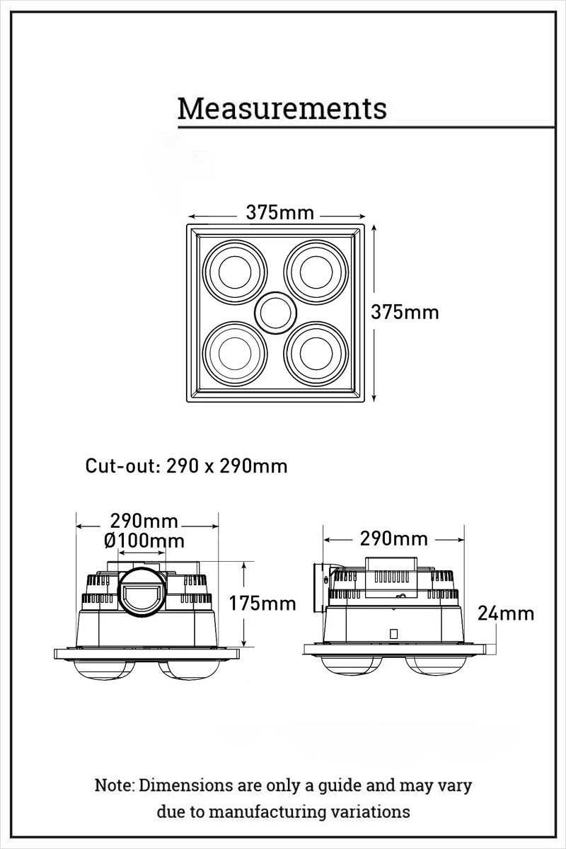 Measurement diagram of the Midas Quattro 3-in-1 Bathroom Heater with Exhaust Fan and LED Light.