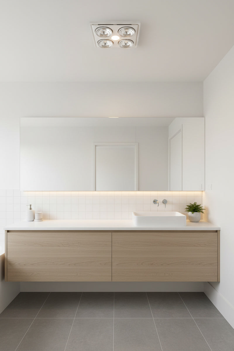 Midas Quattro 3-in-1 Bathroom Heater with Exhaust Fan and LED Light in white, in a modern bright white bathroom with light timber vanity cabinets. 