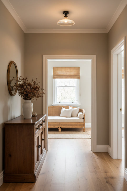 A hallway with light wood floors and beige walls, featuring a glass ribbed shade in the hallway federation home. 