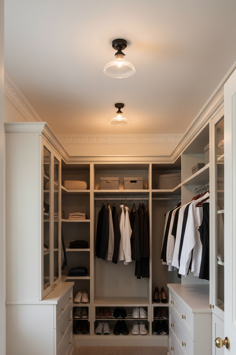 Two clear glass ceiling lights with black batten holders in a walk in wardrobe. 
