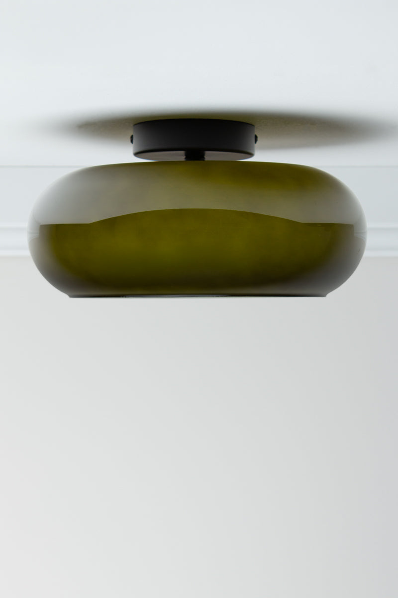 Forest green Avoca Glass Ceiling Light with rounded glossy glass shade and black ceiling fixture.