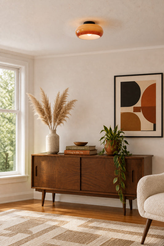 mid century living area with low ceiling and fllush mount glass shade for light