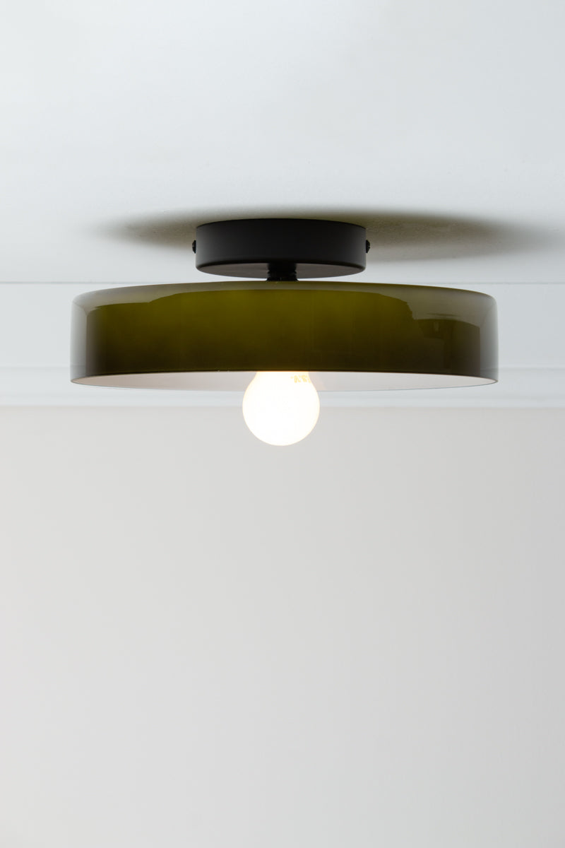 Forest Gambier Glass Ceiling Light with dark green glossy shade, white interior and black ceiling fixture