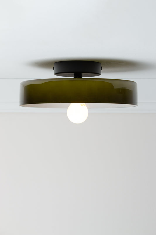 Forest Gambier Glass Ceiling Light with dark green glossy shade, white interior and black ceiling fixture