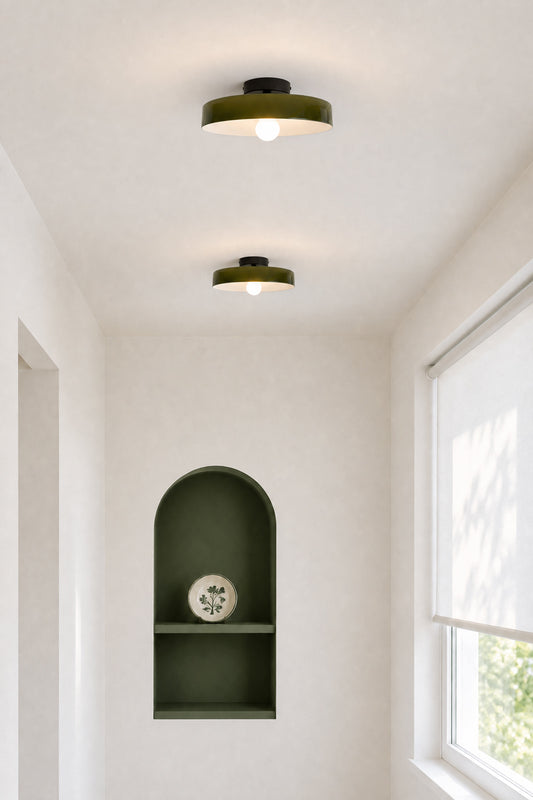 two forest green shades on batten holders make hallway lighting for low ceilings