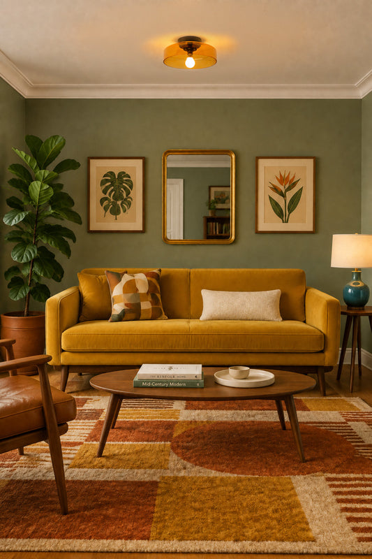 amber glads shade on close to ceiling light in living room
