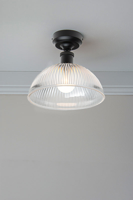 Medium Garda Glass Ceiling Light with clear ribbed glass shade and black ceiling fixture