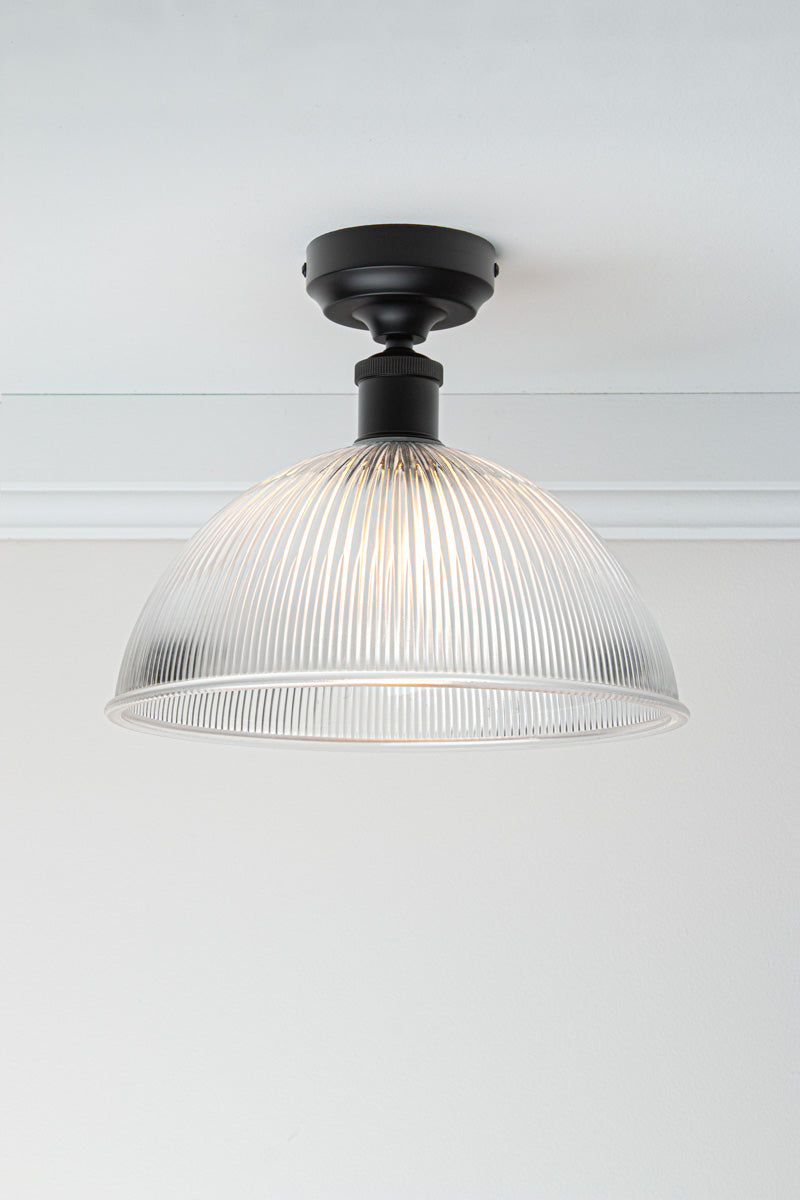 Large Garda Glass Ceiling Light with clear ribbed glass dome shade and black ceiling fixture