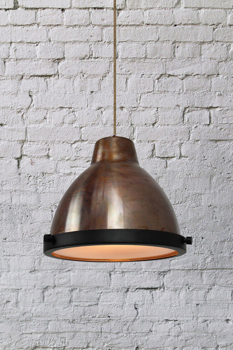 Rustic copper pendant light with glass cover and jute cord