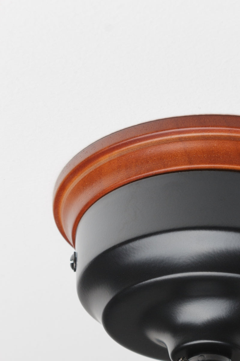 Close up of the natural wood mounting block on the black curved ceiling rose. 