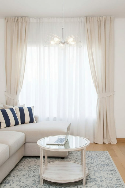 five light pendant light with white brass cage shades over coffee table in a living room