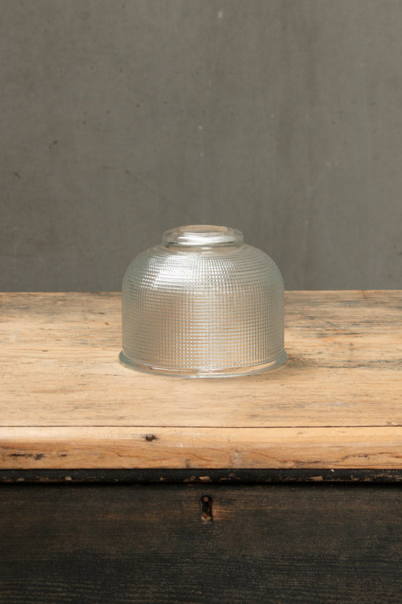 Clear holophane glass shade with crosshatch detailing. 