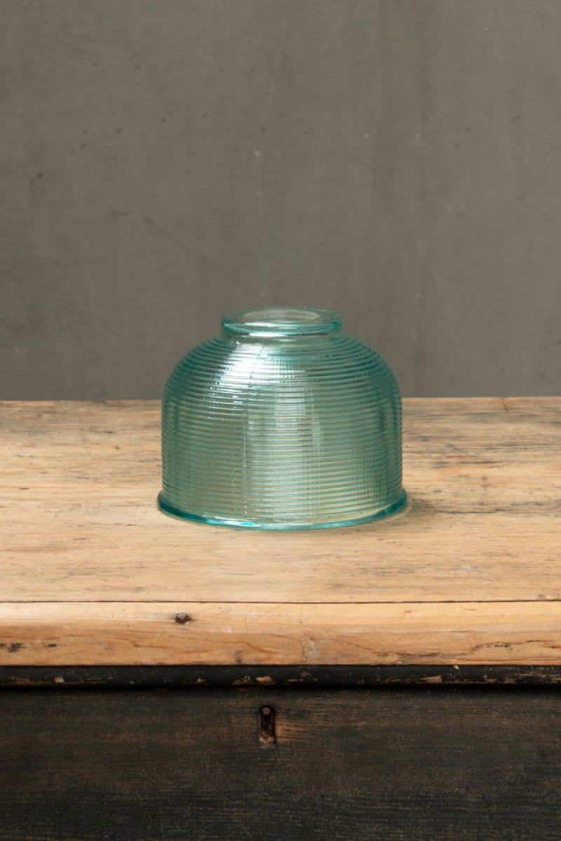 Blue holophane glass shade with crosshatch detailing. 