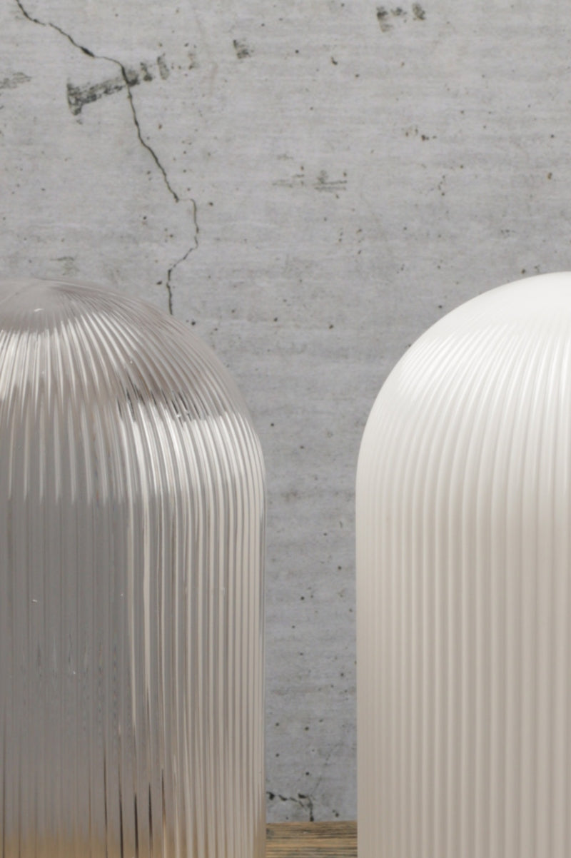 Close up of the reeded glass shades in clear and opal