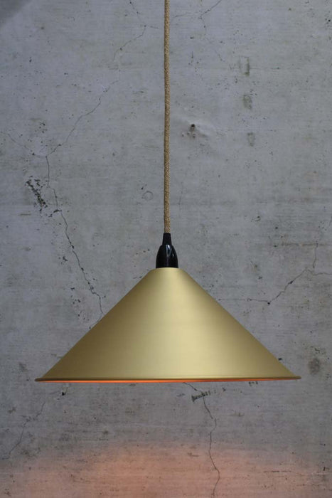 Cone Pendant Light with jute cord and bright brass large shade