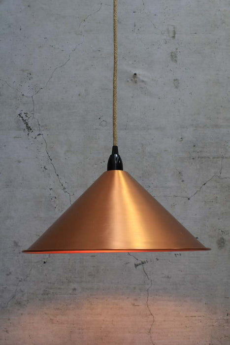 Cone Pendant Light with jute cord and bright copper large shade