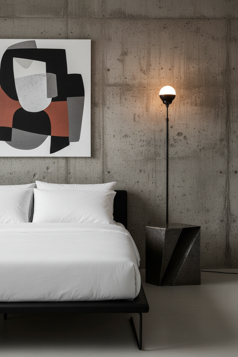 modern bedroom with crown floor lamp