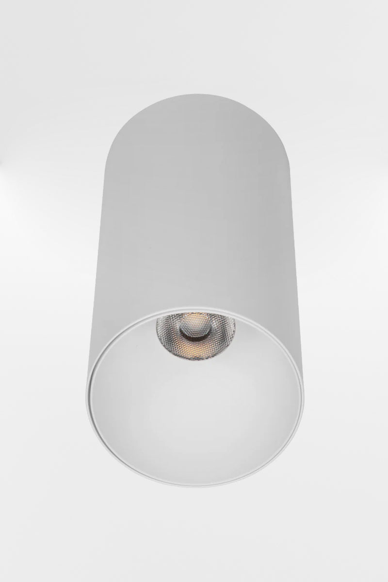 White finished pin style down light with built in LED. 