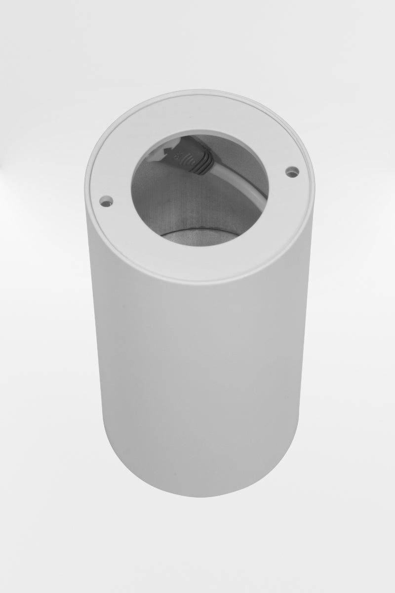 Mounting end of the white finished pin style down light with built in LED. 