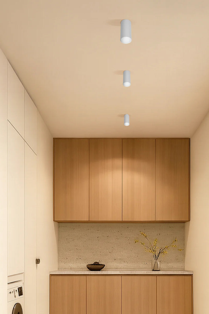 Three white pin style surface mounted LED downlights in a laundry space.