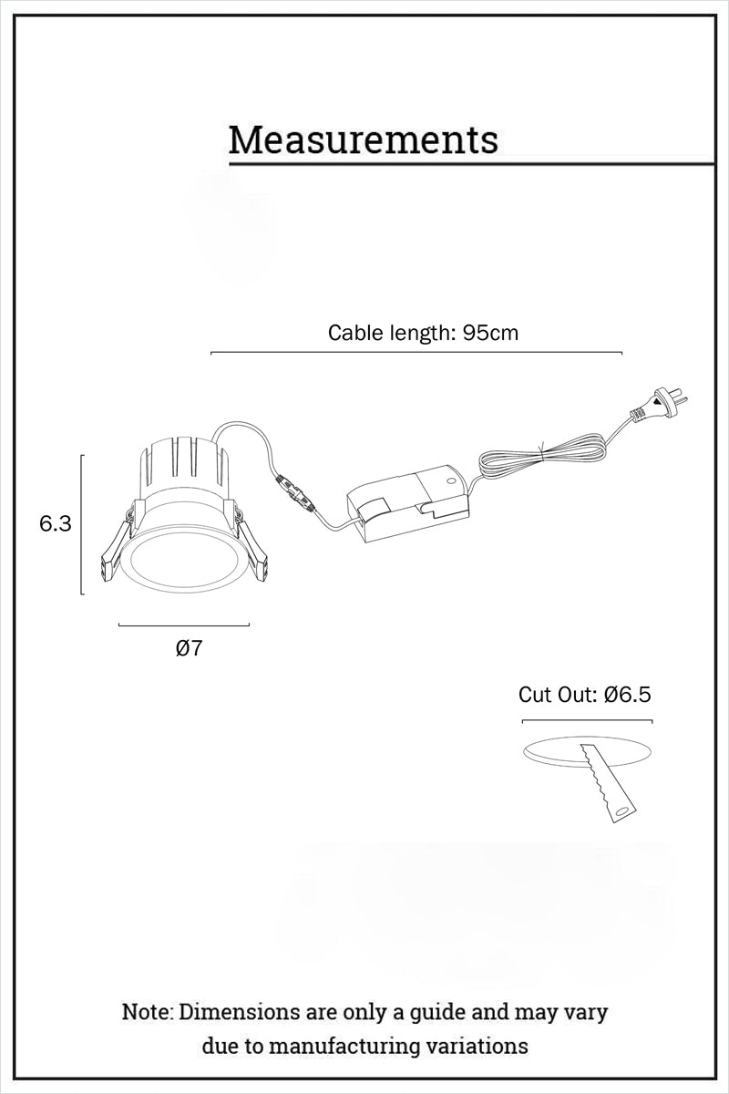 Dimension illustration of the LED downlight and external diver, with cut out dimensions. 