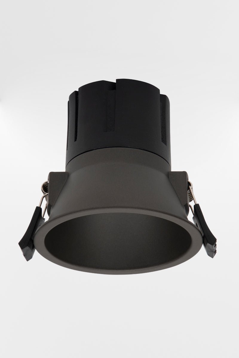 Black 93mm LED downlight, showing side clamps. 