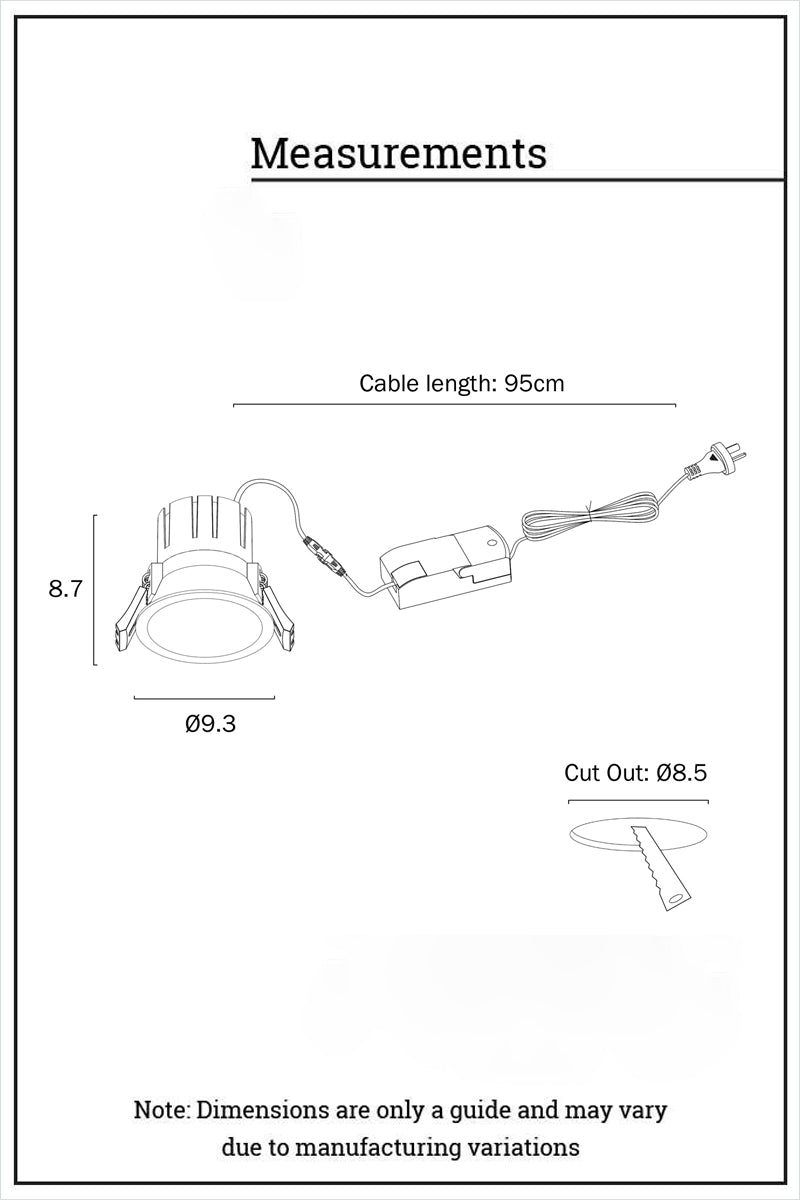 Dimension illustration of the 93mm LED downlight and external diver, with cut out dimensions. 