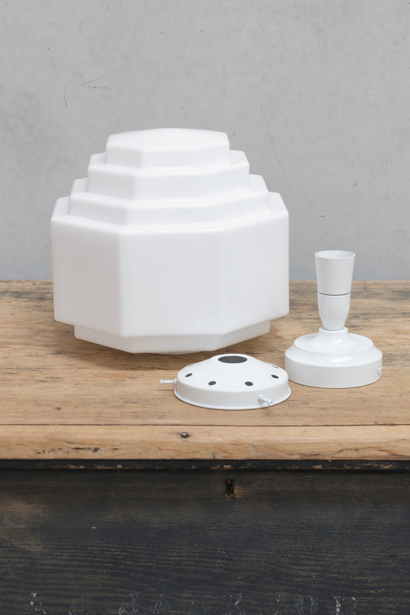 Uninstalled opal glass shade and white hardware. 