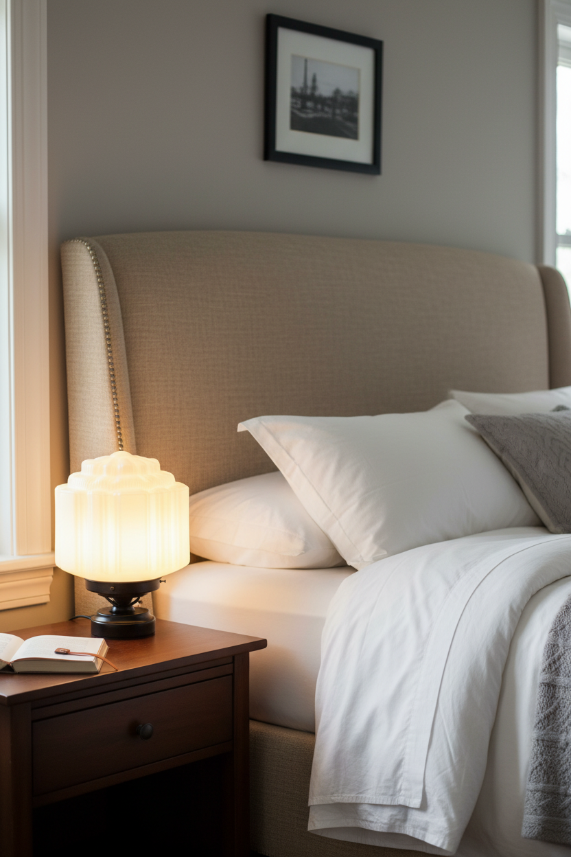 Deco glass lamp with gold base on table in bedroom on nightstand