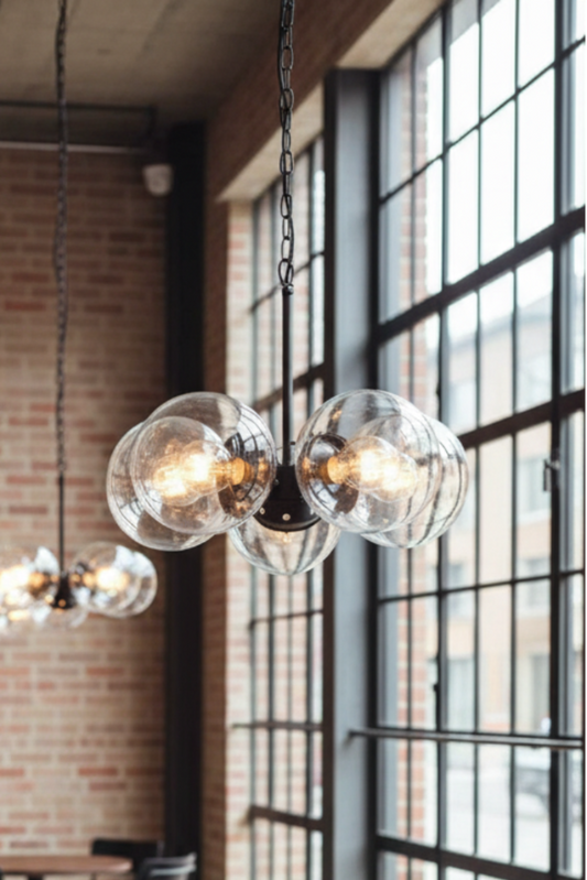 diner ball glass pendants in urban cafe